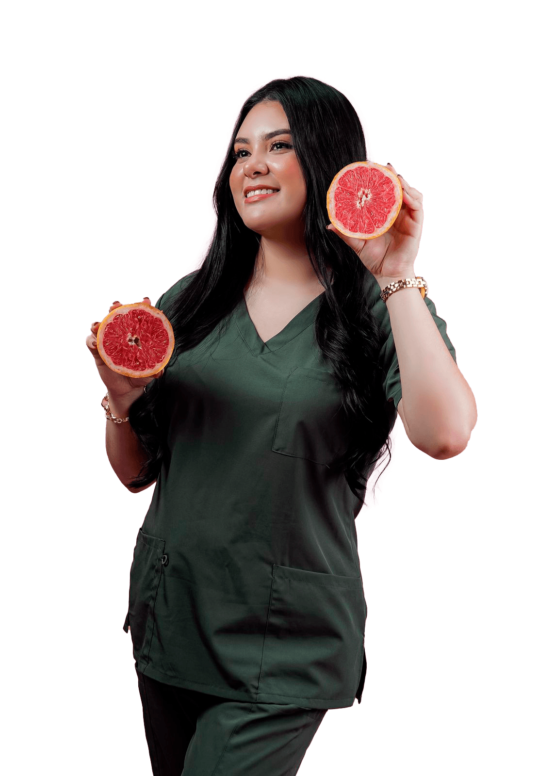 Elisa Navarro Arizmendi, nutrióloga integral en Querétaro, en sesión de estudio con toronjas frescas